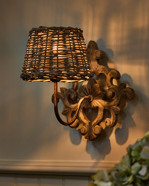 Ornate Wall Light with Rattan Lampshade