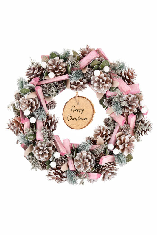 Personalisierter festlicher rosa gefrosteter Kranz 33cm