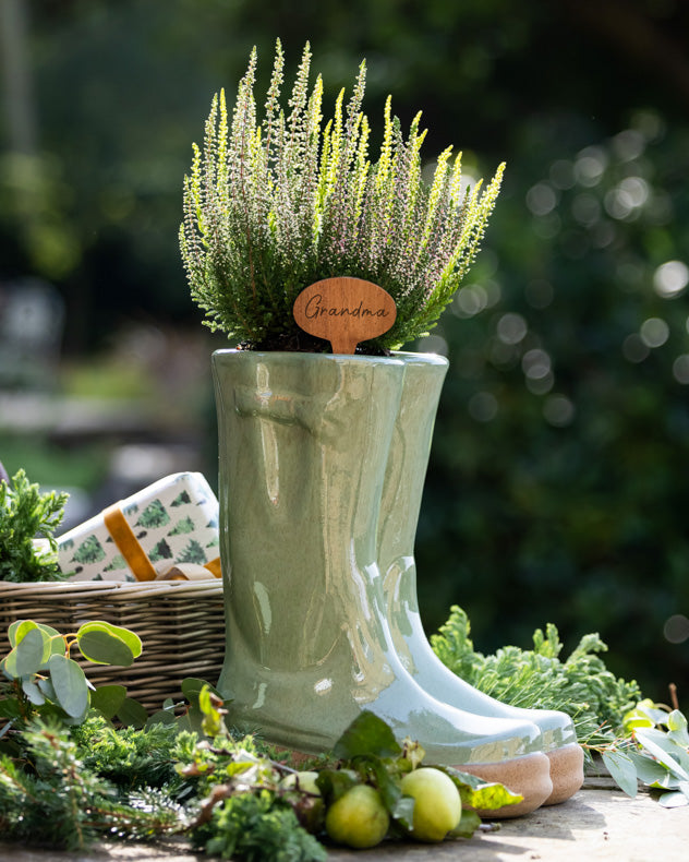 Sage Green Wellington Boots Planter with Personalised Marker