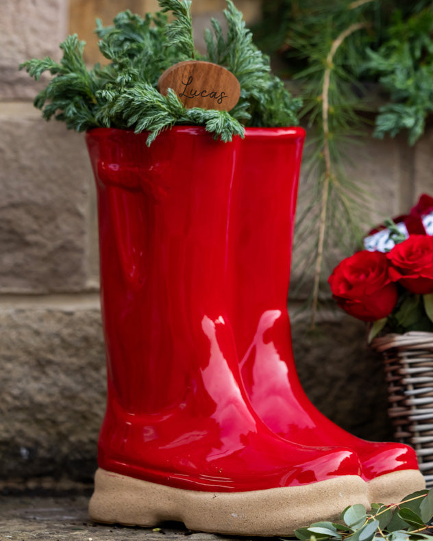 Large Red Wellington Boots Planter with Personalised Marker