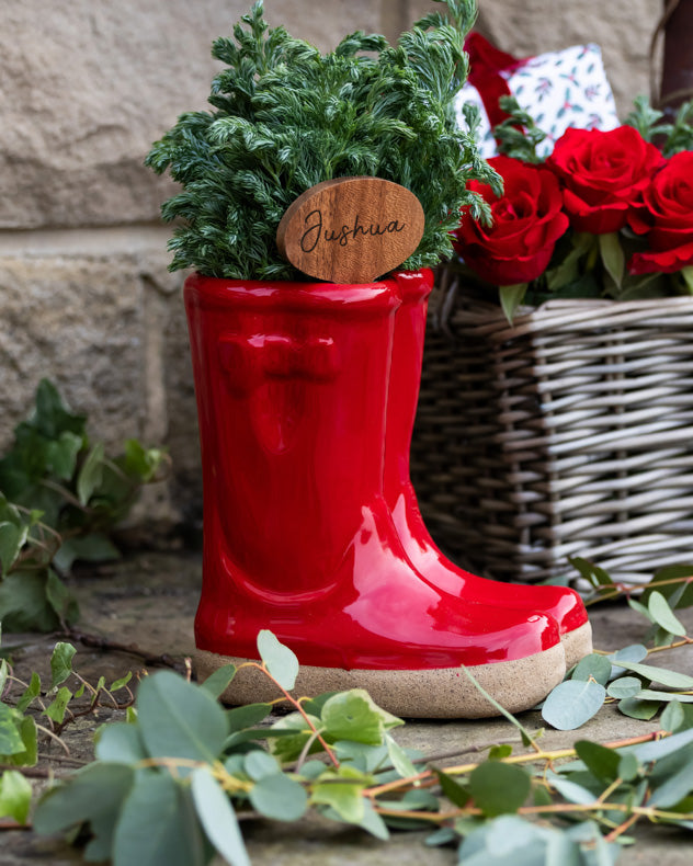 Red Wellington Boots Planter with Personalised Marker