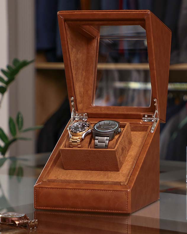 Tan Brown Leather Double Watch Display Case