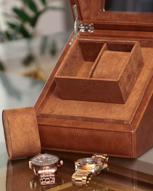 Tan Brown Leather Double Watch Display Case