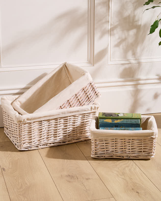 Set of 3 White Wicker Storage Baskets