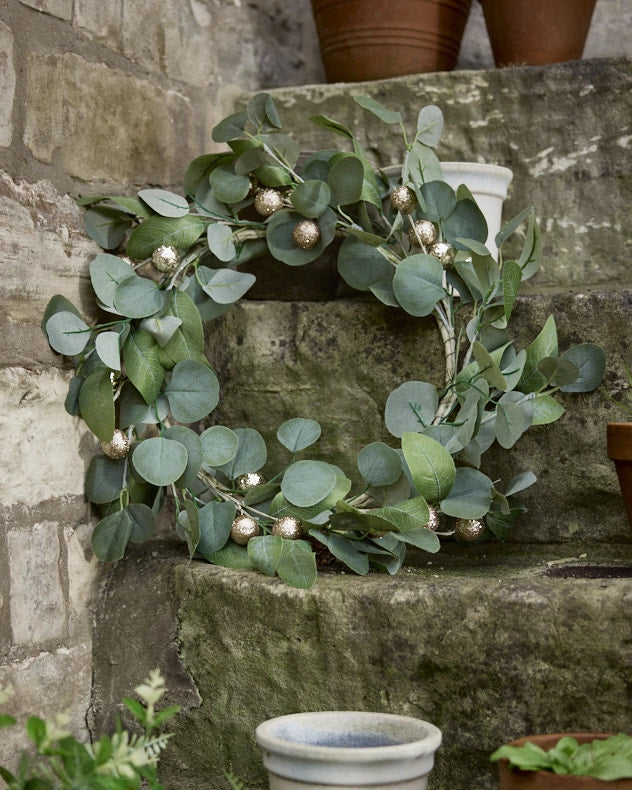 Gold Berry Eucalyptus Wreath on stairs