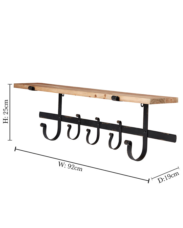 Rustic Pine 92cm Shelf with Hooks