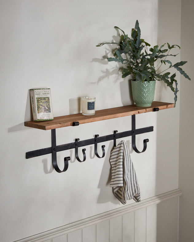 Rustic Pine 92cm Shelf with Hooks