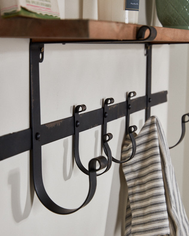 Rustic Pine 92cm Shelf with Hooks