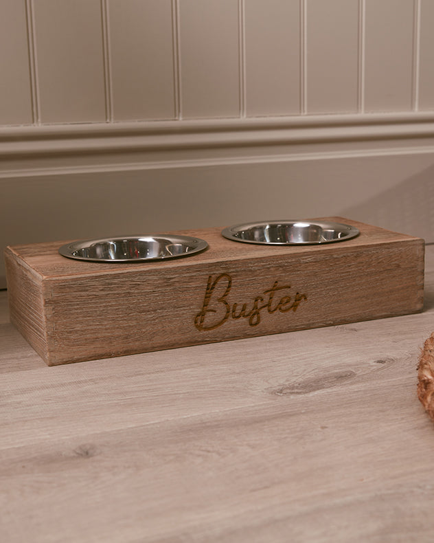 Medium Brown Wood Dog Bowl Feeder Station 3 Heights and Personalized with 2 cheapest bowls