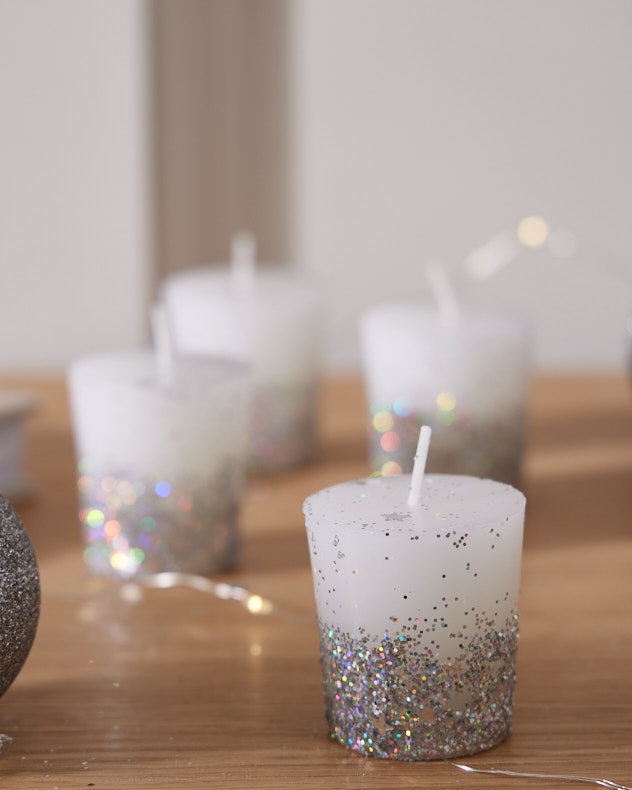 Set of 4 White Glitter Dipped Candles