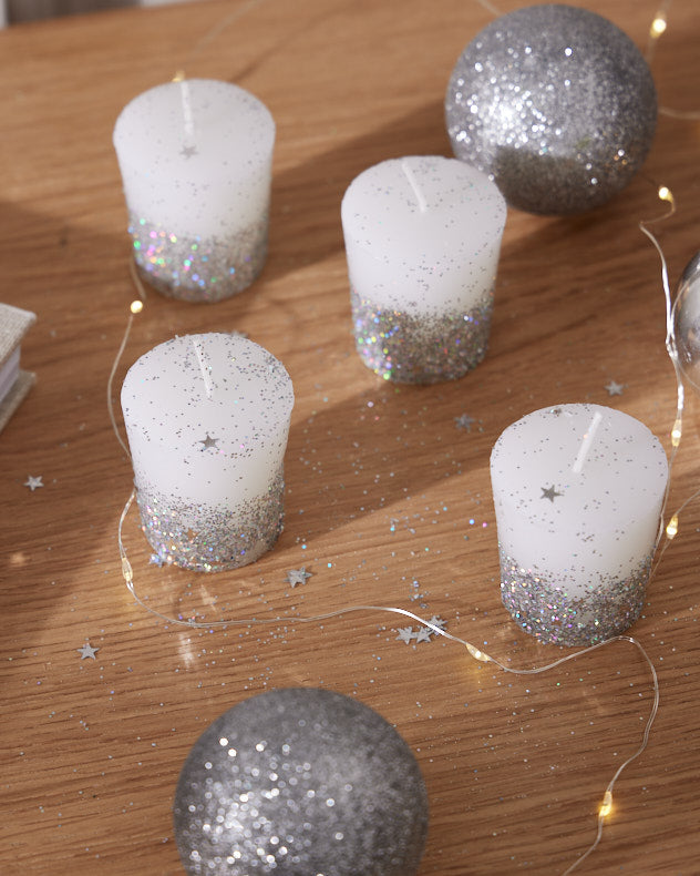 Set of 4 White Glitter Dipped Candles