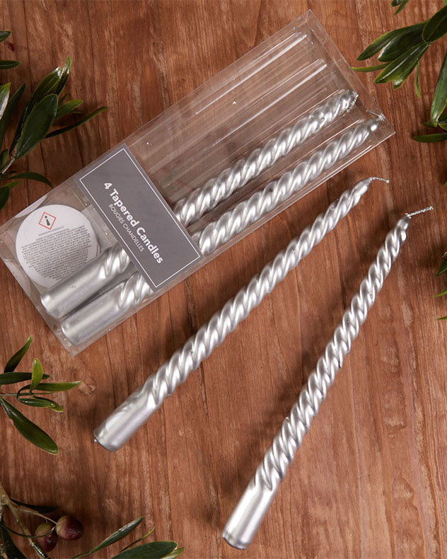 Set of 4 Twisted Silver Pearl Taper Candles