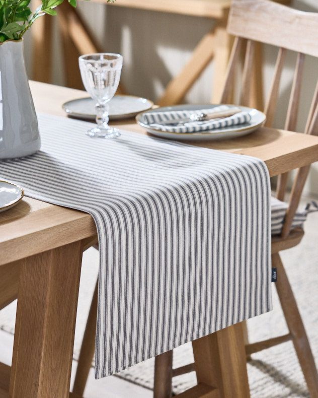 Grey Cotton Stripe Table Runner 220cm Dibor Table Linen