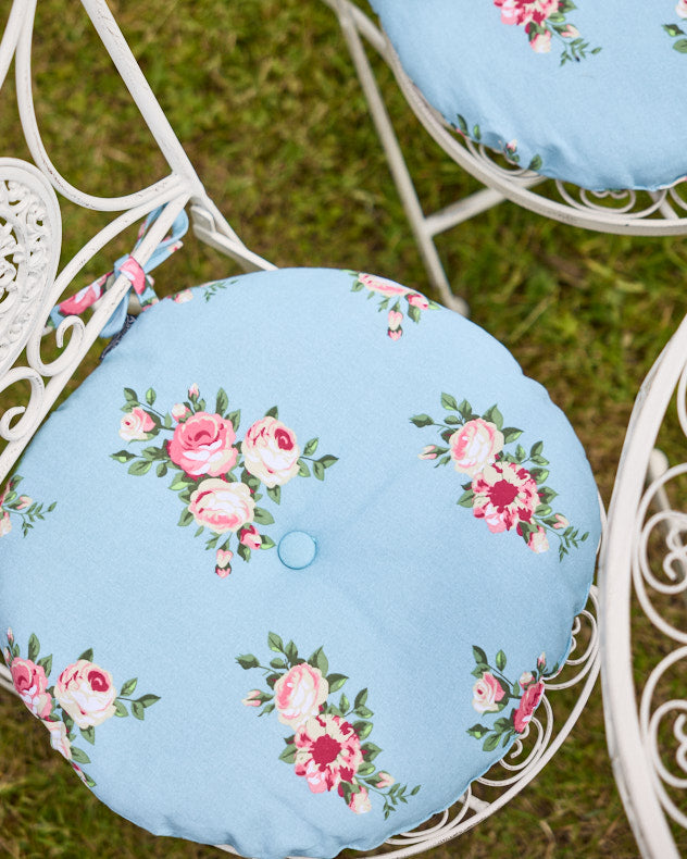 Vintage Blue Rose Tie on Round Garden Seat Pad