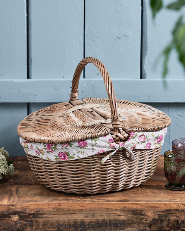 Wicker Picnic Basket with Rose Lining