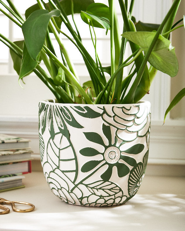 Large Green Flower Print Plant Pot