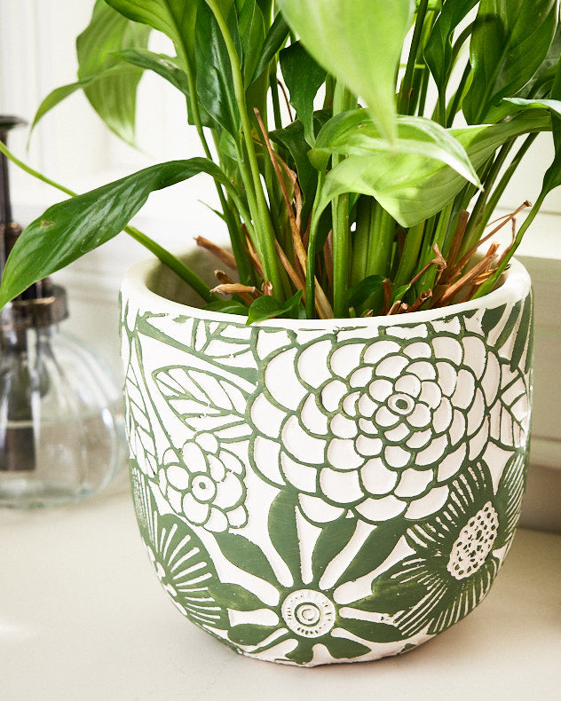 Small Green Flower Print Plant Pot