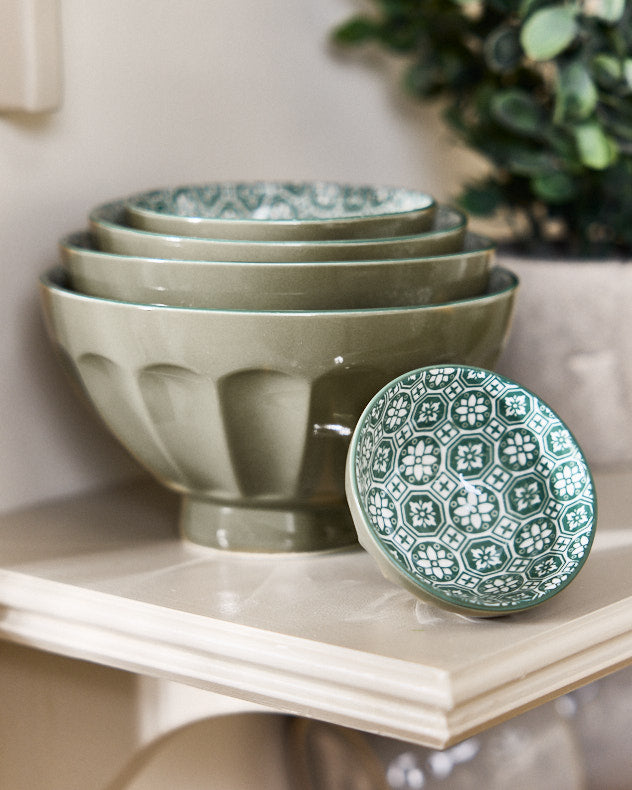 Set of 5 Sage Green Mosaic Patterned Bowls