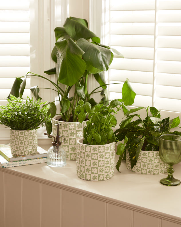 Green Floral Checkerboard Planters