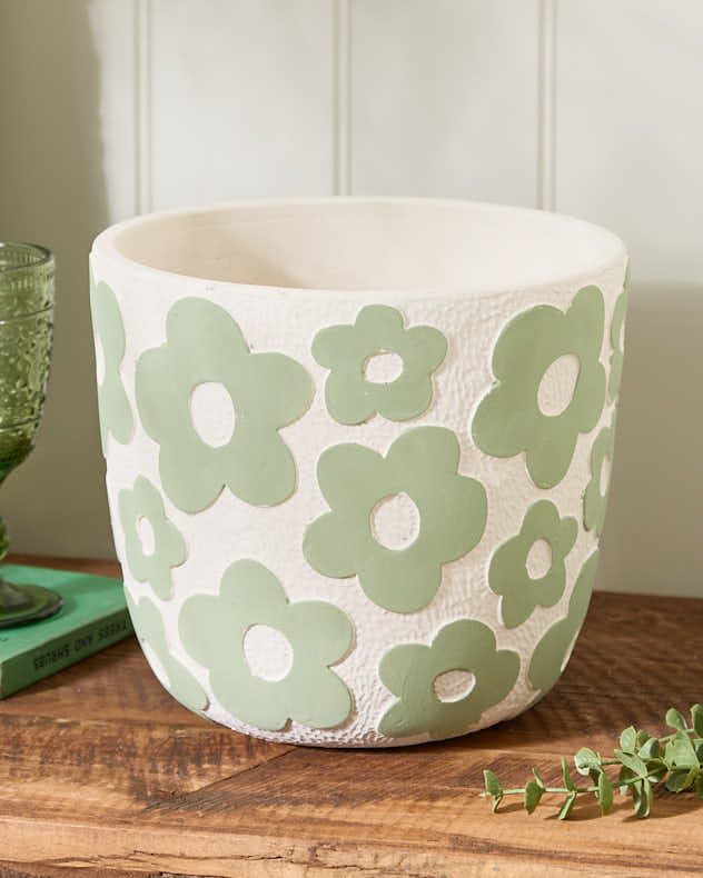 Green Mod Flower Pattern Plant Pot