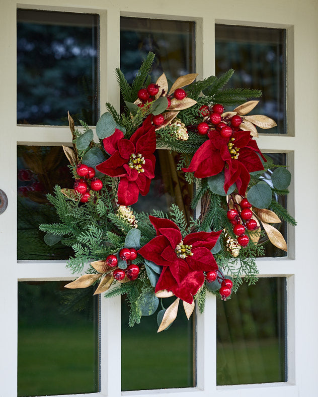 Christmas Poinsettia and Pinecone Wreath - Wreath for front door - Christmas wreath selling - Winter greenery wreath - Faux Evergreen Wreath