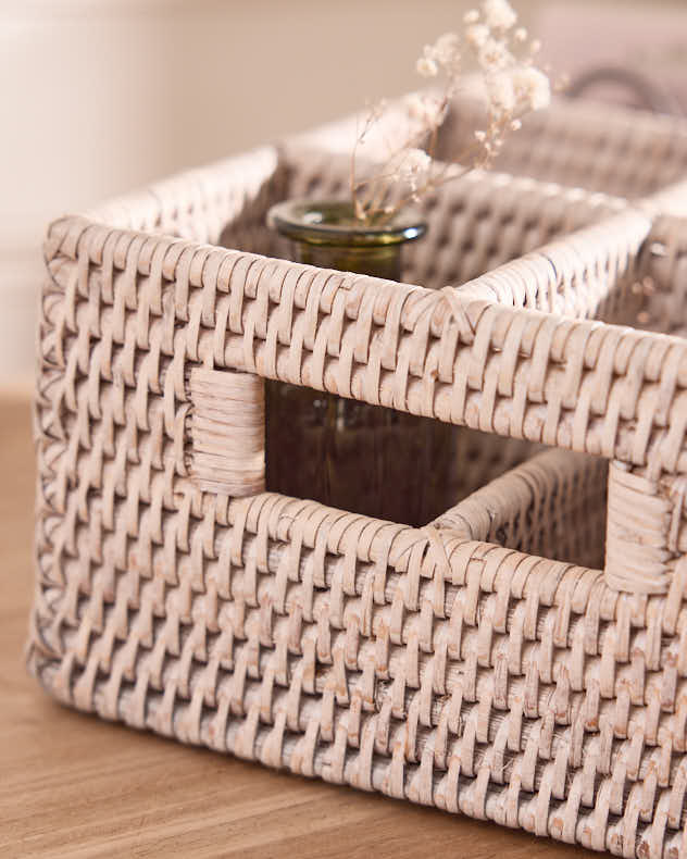White Rattan Six Compartment Storage Caddy