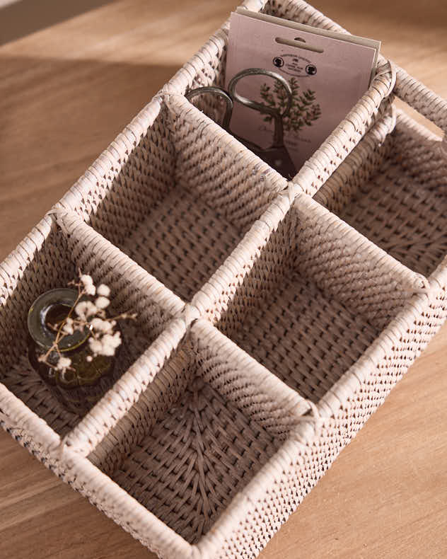 White Rattan Six Compartment Storage Caddy