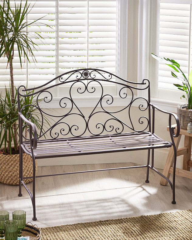 Vintage Heart Scrolled Iron Indoor Bench