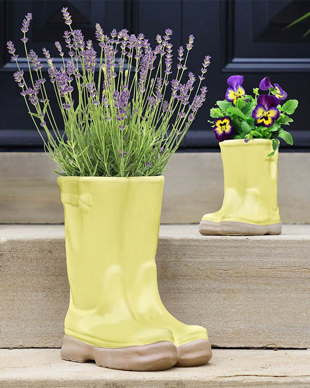 Large and Small Yellow Wellington Boot Plant Pots