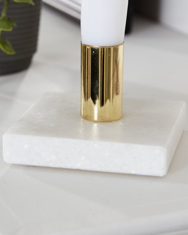 White Flat Marble and Gold Single Candle Holder