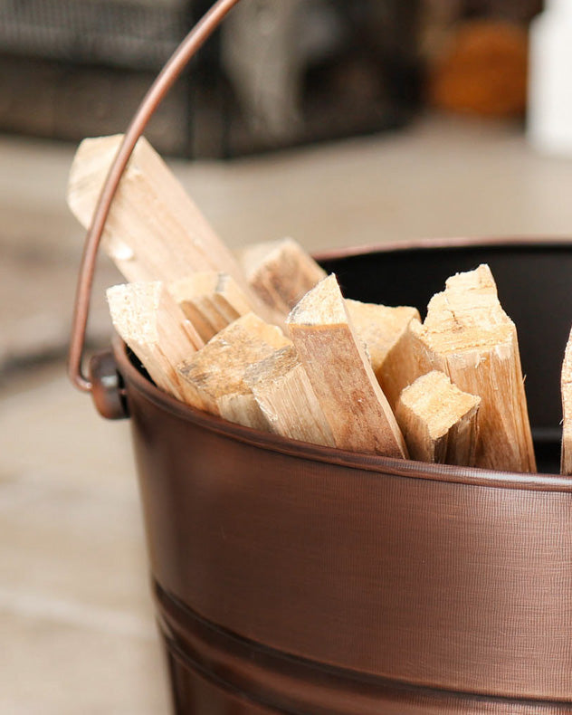 Brushed Copper Kindling Bucket Top left view