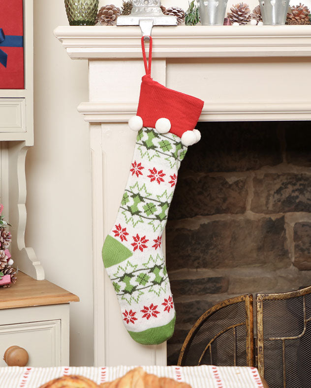 pom pom knitted christmas stocking red white green