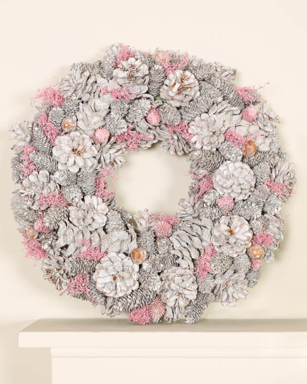 Silver and Pink Amelia Pinecone Christmas Wreath and Garland Collection