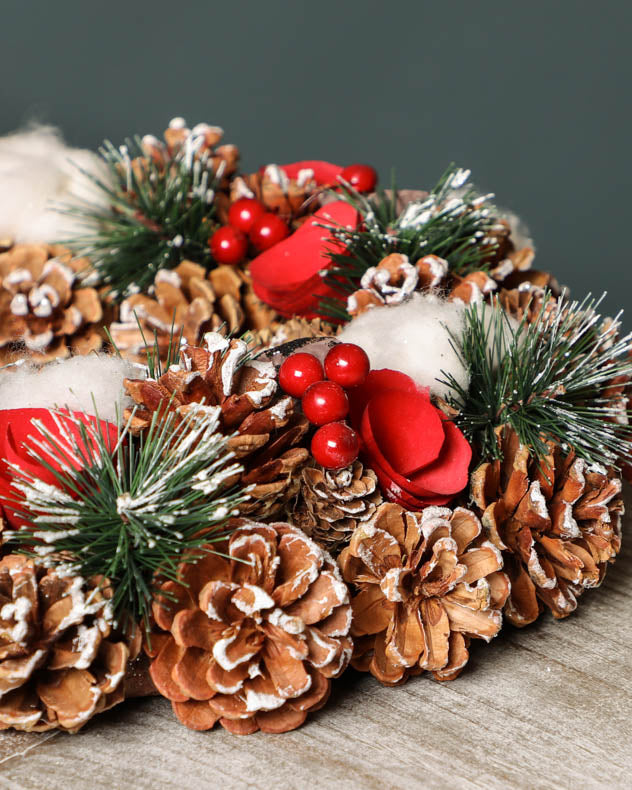 Winter Snow Pinecone and Roses Christmas Wreath 38cm