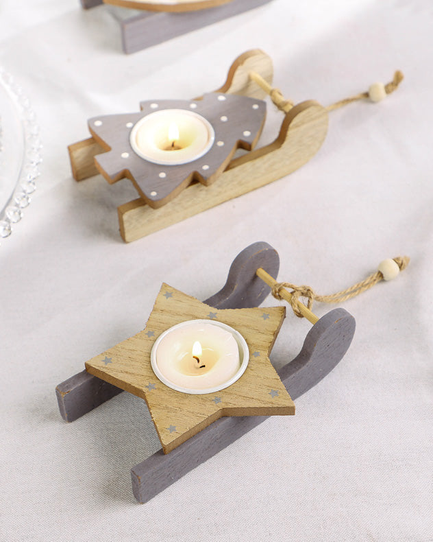 Assorted Set of 3 Grey Wooden Sledge Tealight Holders