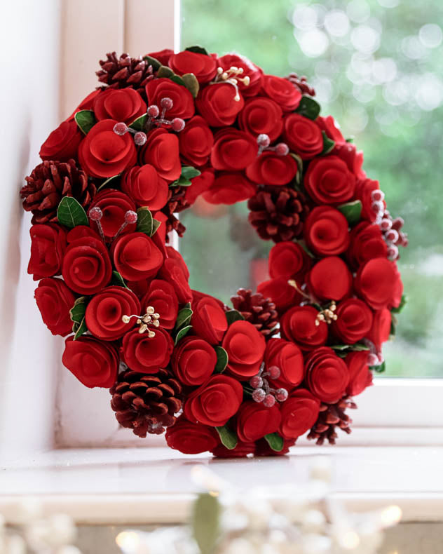 Indoor Red Crimson Rose Wreath 35cm