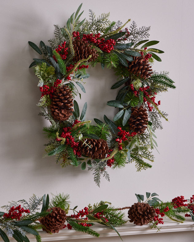 christmas pinecone wreath and garland