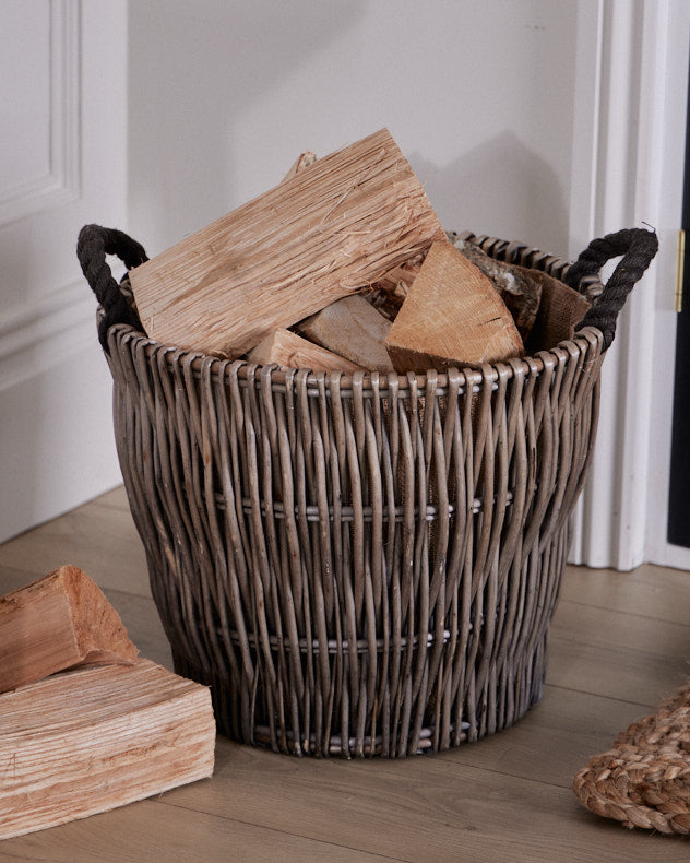 Small Rustic Rattan Log Basket With Handles