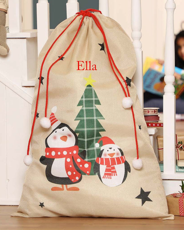 Personalisierter Weihnachtssack mit Pinguinen
