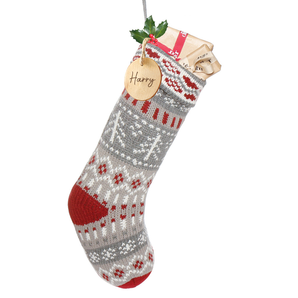Personalised Traditional Grey Fair Isle Knitted Stocking