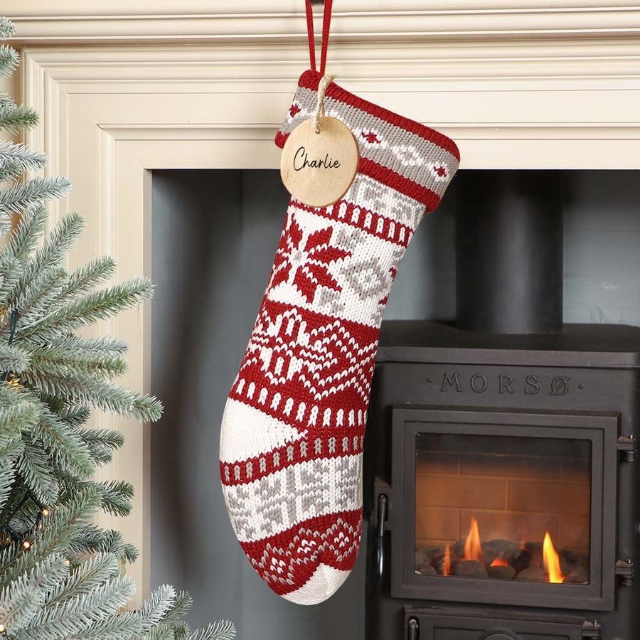 Chunky Knitted Christmas Stocking Red Grey