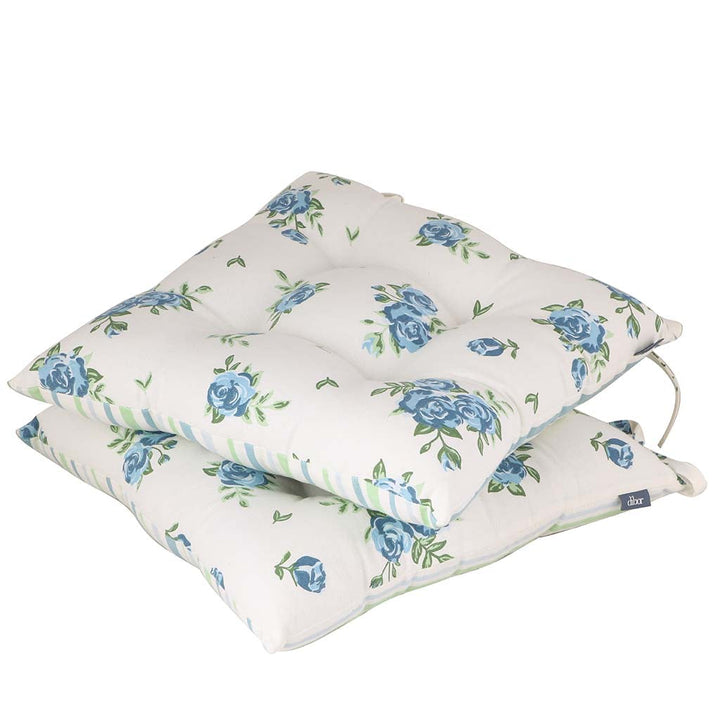 Set of 2 Blue Rose Seat Cushions with Ties
