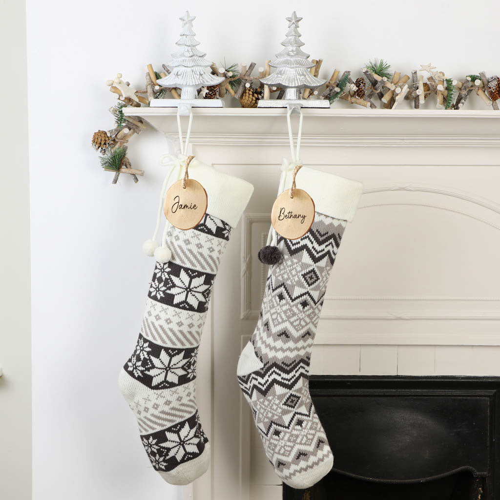Personalised Shetland Grey and White Snowflake Christmas Stocking
