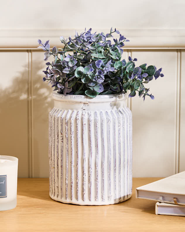 White Cylinder Ribbed Ceramic Vase