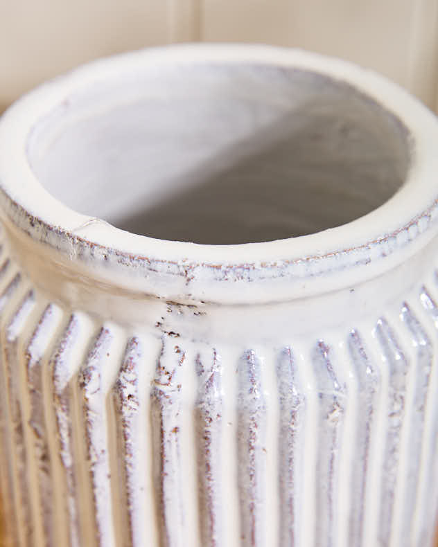 White Cylinder Ribbed Ceramic Vase