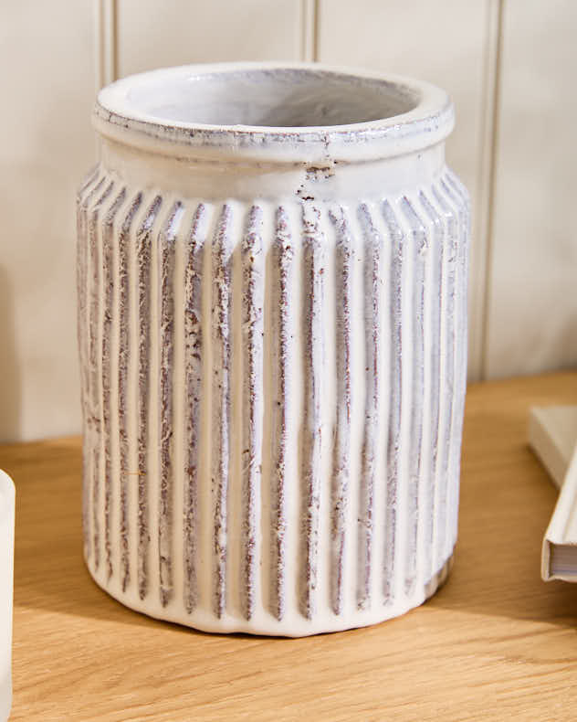 White Cylinder Ribbed Ceramic Vase