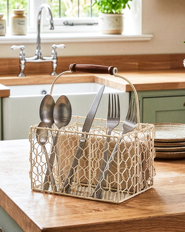 Cream Chicken Wire Cutlery Caddy