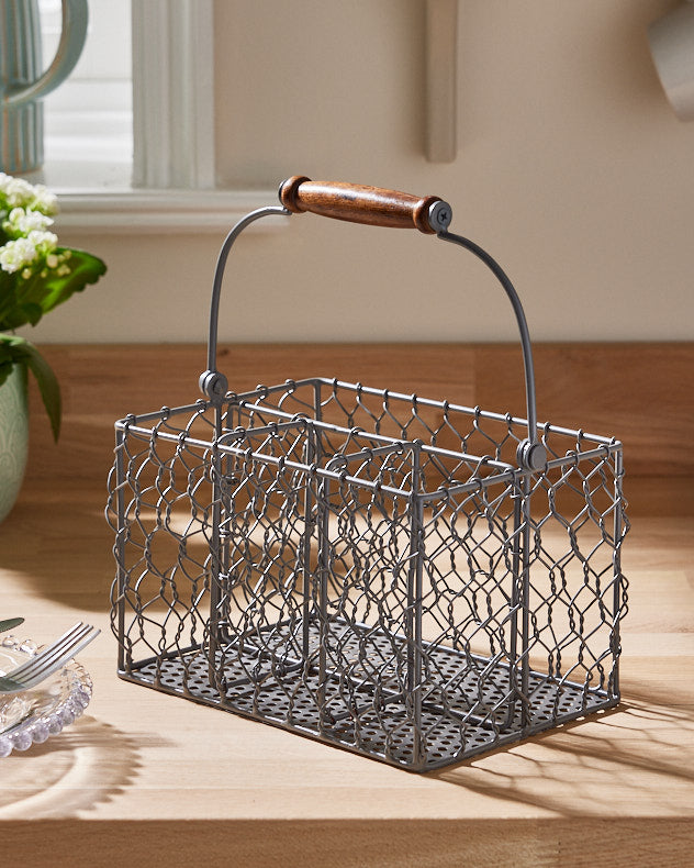 Country Grey Chicken Wire Cutlery Caddy