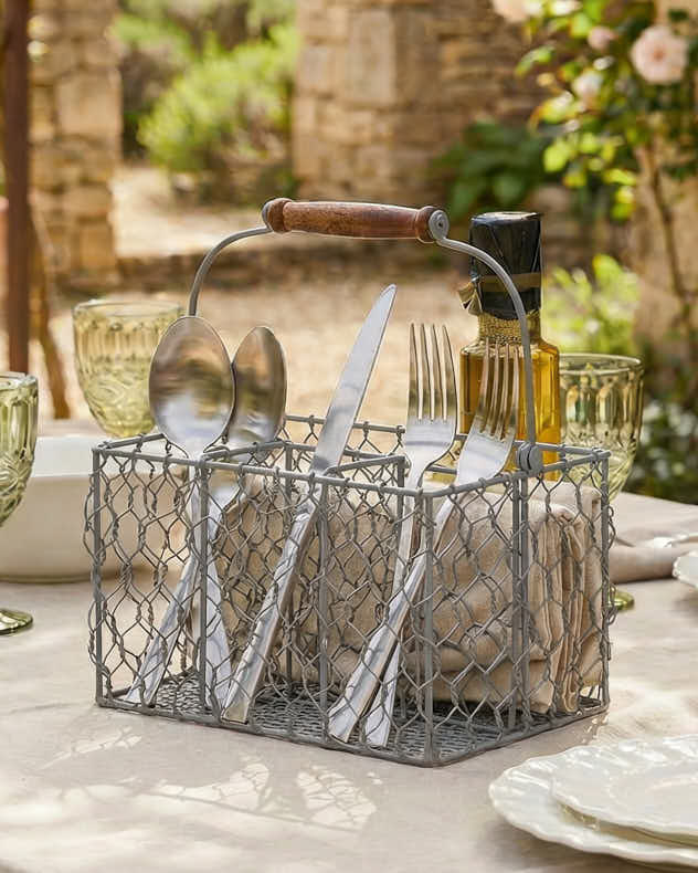 Grey Recycled Iron Cutlery Holders - Grey Chicken Wire Cutlery Caddy