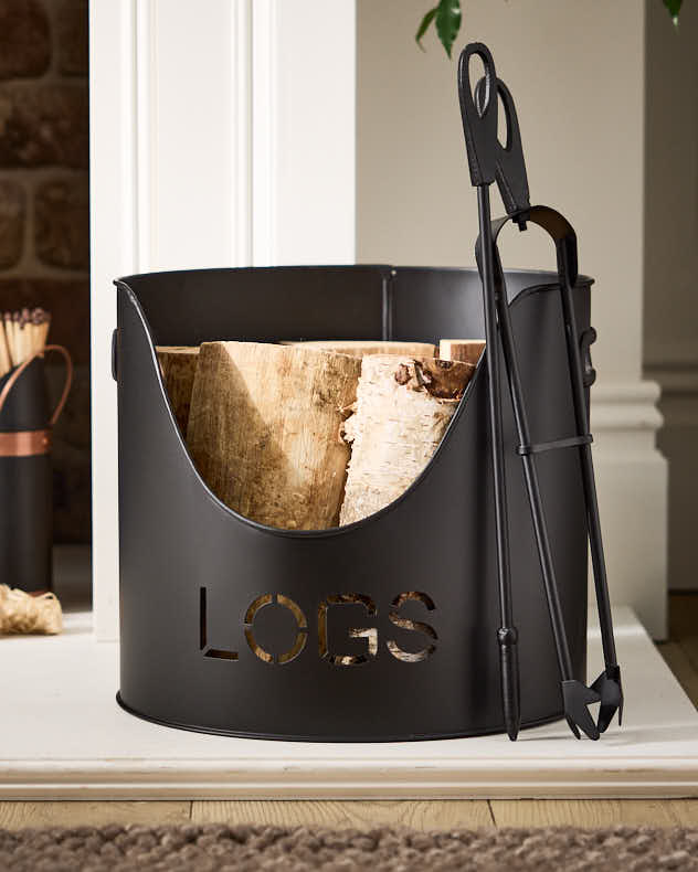 Black Recycled Iron Log & Coal Storage - Log Bucket with Poker & Tongs